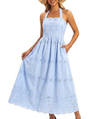 Chic Eyelet Maxi Halter Dress for Women | Cotton Summer Vacation Outfit
